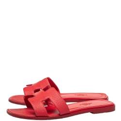 Pre Owned Hermes Red Leather Oran Flat Slides Size 35.5