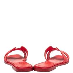 Pre Owned Hermes Red Leather Oran Flat Slides Size 35.5