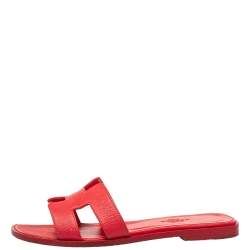 Pre Owned Hermes Red Leather Oran Flat Slides Size 35.5