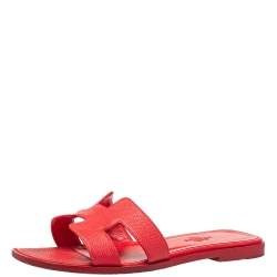 Pre Owned Hermes Red Leather Oran Flat Slides Size 35.5