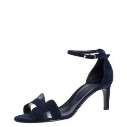 Pre Owned Hermes Navy Blue Suede Premiere Ankle Strap Sandals Size 39.5