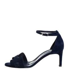Pre Owned Hermes Navy Blue Suede Premiere Ankle Strap Sandals Size 39.5