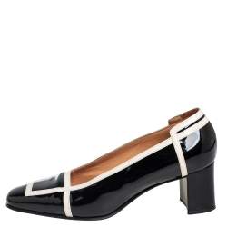 Pre Owned Hermes Black/Cream Patent Leather Square Toe Block Heel Pumps Size 35.5