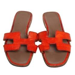Pre Owned Hermes Orange Lizard Oran Slide Sandals Size 40