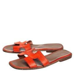 Pre Owned Hermes Orange Lizard Oran Slide Sandals Size 40