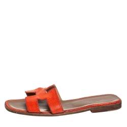 Pre Owned Hermes Orange Lizard Oran Slide Sandals Size 40