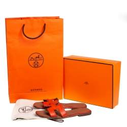 Pre Owned Hermes Orange Lizard Oran Slide Sandals Size 40