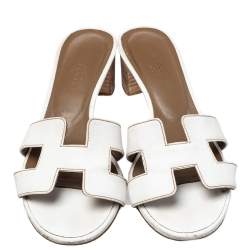 Pre Owned Hermés White Leather Oasis Slide Sandals Size 36