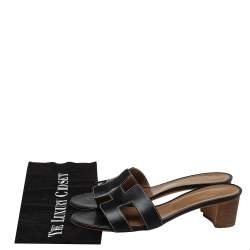 Pre Owned Hermes Black Leather Oasis Slide Sandals Size 38