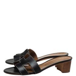 Pre Owned Hermes Black Leather Oasis Slide Sandals Size 38