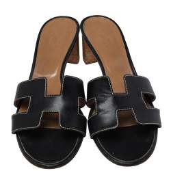 Pre Owned Hermes Black Leather Oasis Slide Sandals Size 38