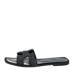 Pre Owned Hermes Black Glitter Suede Embellished Oran Flat Slides Size 40