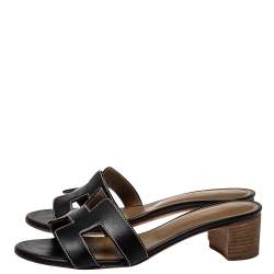 Pre Owned Hermes Black Leather Oasis Sandals Size 35.5