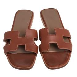 Pre Owned Hermes Brown Leather Oran Slip On Flat Sandals Size 38
