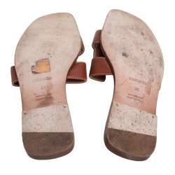 Pre Owned Hermes Brown Leather Oran Slip On Flat Sandals Size 38