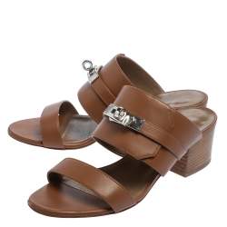 Pre Owned Hermes Brown Leather Avenue Slide Sandals Size 35