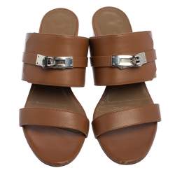 Pre Owned Hermes Brown Leather Avenue Slide Sandals Size 35