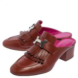 Pre Owned Hermés Brown Leather Tuileries Fringe Mules Size 35