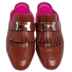 Pre Owned Hermés Brown Leather Tuileries Fringe Mules Size 35