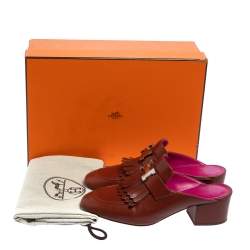Pre Owned Hermés Brown Leather Tuileries Fringe Mules Size 35