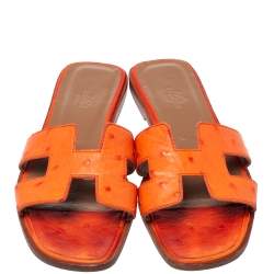 Pre Owned Hermes Orange Ostrich Oran Sandals Size 37