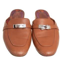 Hermes Brown Leather Palladium Plated Oz Mules  Size 38.5