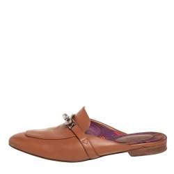 Hermes Brown Leather Palladium Plated Oz Mules  Size 38.5