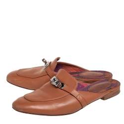 Hermes Brown Leather Palladium Plated Oz Mules  Size 38.5