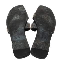 Hermes Black/Silver Suede And Glitter Oran Flat Sandals Size 39