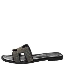 Hermes Black/Silver Suede And Glitter Oran Flat Sandals Size 39