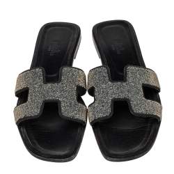 Hermes Black/Silver Suede And Glitter Oran Flat Sandals Size 39