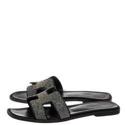 Hermes Black/Silver Suede And Glitter Oran Flat Sandals Size 39