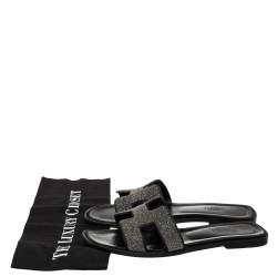 Hermes Black/Silver Suede And Glitter Oran Flat Sandals Size 39