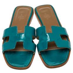 Pre Owned Hermes Blue Leather Oran Flat Sandals Size 38