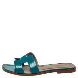 Pre Owned Hermes Blue Leather Oran Flat Sandals Size 38
