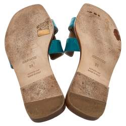 Pre Owned Hermes Blue Leather Oran Flat Sandals Size 38