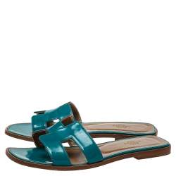 Pre Owned Hermes Blue Leather Oran Flat Sandals Size 38