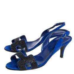 Pre Owned Hermes Blue Suede And Glitter Night Slingback Sandals Size 36