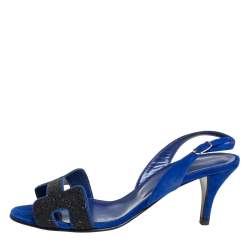 Pre Owned Hermes Blue Suede And Glitter Night Slingback Sandals Size 36