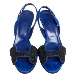 Pre Owned Hermes Blue Suede And Glitter Night Slingback Sandals Size 36