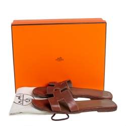 Pre Owned Hermes Brown Leather Oran Flat Sandals Size 37.5