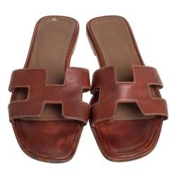Pre Owned Hermes Brown Leather Oran Flat Sandals Size 37.5
