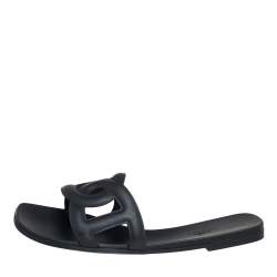 Hermes Black Rubber Aloha Flat Slides Size 39