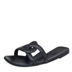 Hermes Black Rubber Aloha Flat Slides Size 39