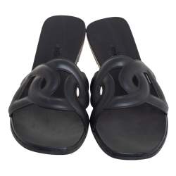 Hermes Black Rubber Aloha Flat Slides Size 39