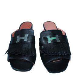 مملوكة مسبقًا Hermes Black Leather Alma Sandals Size 39