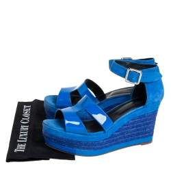 Pre Owned Hermes Blue Suede And Patent Leather Ilana Espadrille Wedge Sandals Size 40