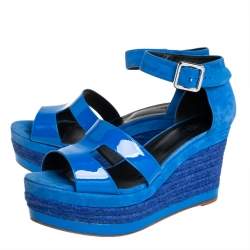 Pre Owned Hermes Blue Suede And Patent Leather Ilana Espadrille Wedge Sandals Size 40
