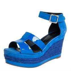 Pre Owned Hermes Blue Suede And Patent Leather Ilana Espadrille Wedge Sandals Size 40