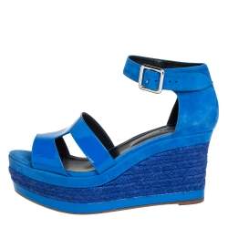 Pre Owned Hermes Blue Suede And Patent Leather Ilana Espadrille Wedge Sandals Size 40